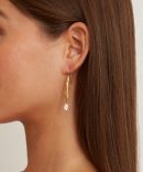 Gold Wave Pearl Drop Earrings White